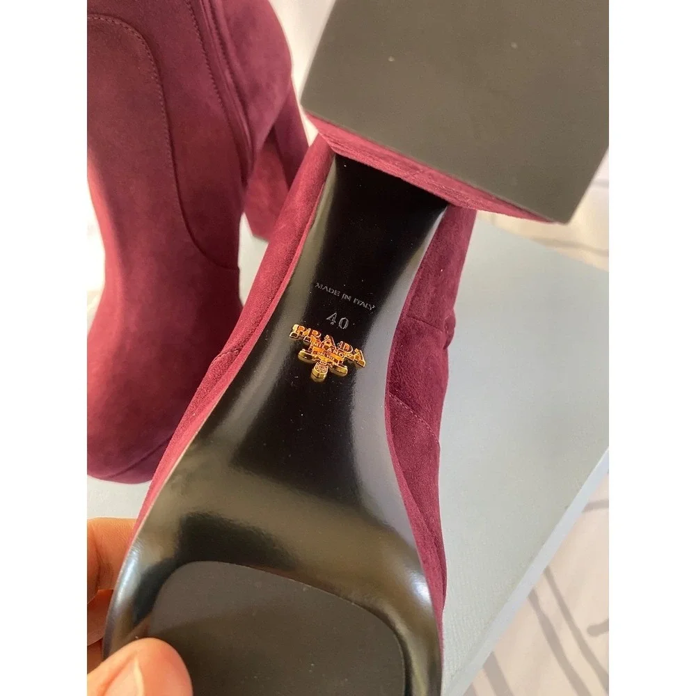 PRADA Milano 1TP221 Womens Burgundy Suede High heel‎ Ankle Boots Shoes, 35.5